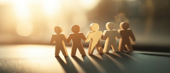 Inclusive Wooden Peg People Holding Hands in Warm Light Symbolizing Workplace Diversity Equity Teamwork and Accessibility Awareness for Business Use