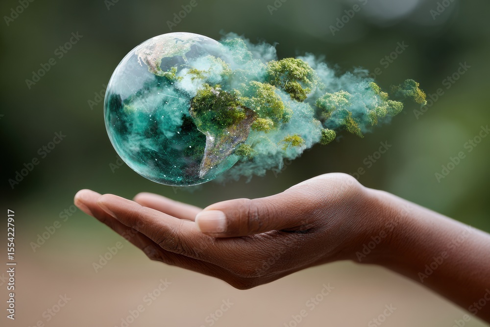 Aufkleber sustainable tech concept hand holding holographic earth with digital forest overlay symbolizing glob
