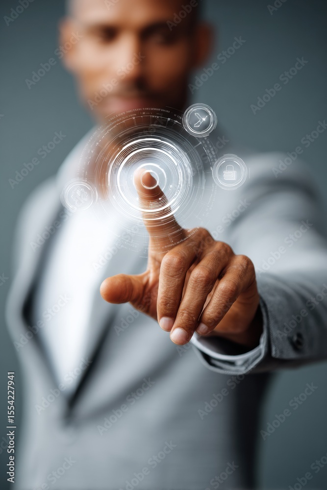 Aufkleber Businessman Using Futuristic Interface with Data Analytics and Risk Assessment Icons for Strategic Stability and Goal Setting in Corporate Innovation