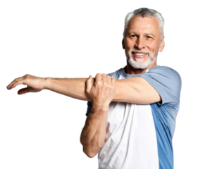 Smiling mature man with gray beard stretching arm across chest in athletic wear on white background
