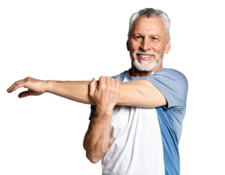 Smiling mature man with gray beard stretching arm across chest in athletic wear on white background