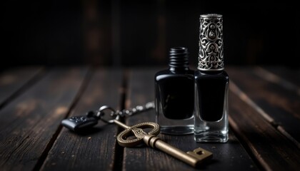 Elegant black nail polish and vintage key on a rustic wooden table creating a mysterious and sophisticated atmosphere
