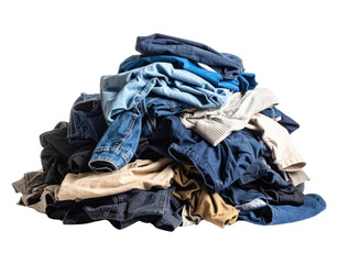 Large pile of mixed clothing including jeans, sweaters and casual wear stacked in messy heap isolated on white background