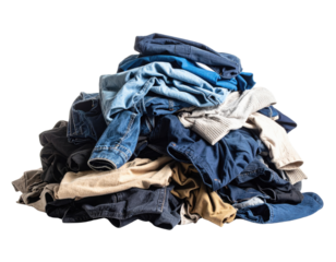 Large pile of mixed clothing including jeans, sweaters and casual wear stacked in messy heap isolated on white background