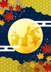 文様紅葉と満月の十五夜お月見背景、縦、イラスト、かわいい、うさぎ