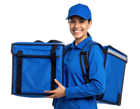 Smiling female delivery worker in blue uniform holding insulated food delivery bags on transparent background
