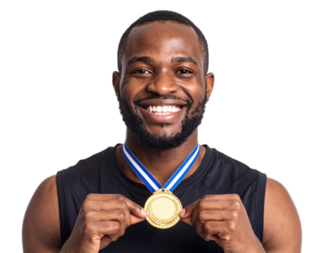 Happy athletic man proudly displaying gold medal around neck with bright smile against white background celebrating victory and achievement