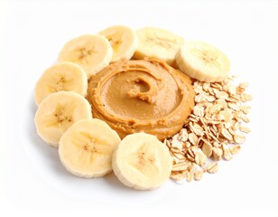 Fresh banana slices arranged around a dollop of creamy peanut butter with rolled oats on a white background, healthy snack or breakfast ingredients
