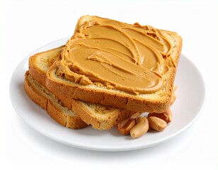 Close-up of toasted bread slices topped with creamy peanut butter on a white plate with scattered peanuts for a delicious breakfast or snack option
