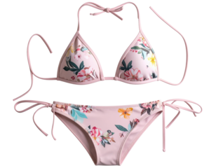 Pink floral print bikini swimsuit with triangle top and tie-side bottoms on white background