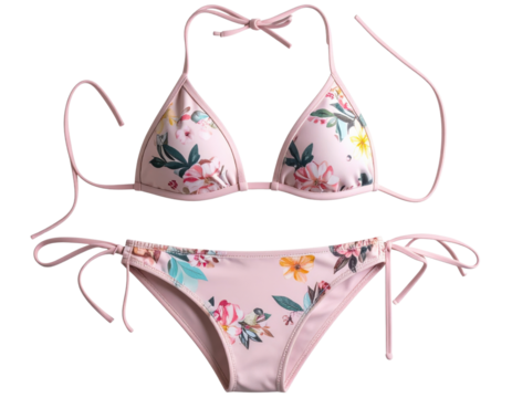 Pink floral print bikini swimsuit with triangle top and tie-side bottoms on white background