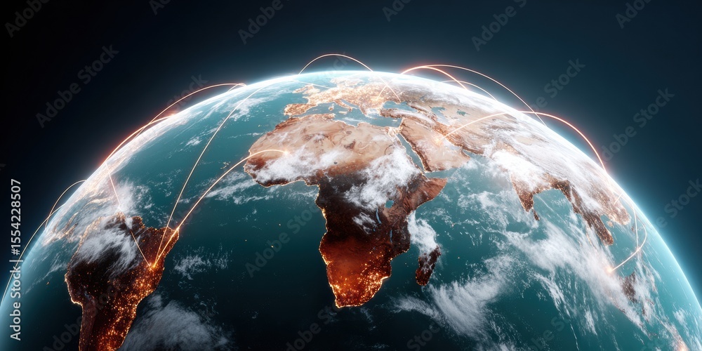 Poster global satellite manufacturing digital map showing interconnected aerospace network pathways and wor