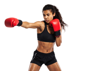 Athletic woman in boxing stance with red gloves throwing punch on transparent background showcasing fitness and martial arts training.