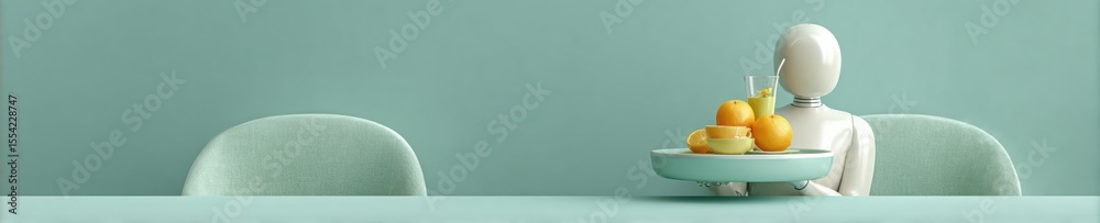 Poster futuristic glossy robot serving drinks and fruit in minimalist dining space - hospitality automation