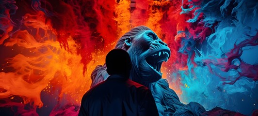 pop surreal unreal silhouettes spiral towards Kingkong, ai generatif