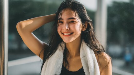 Woman with towel and wet hair smiling