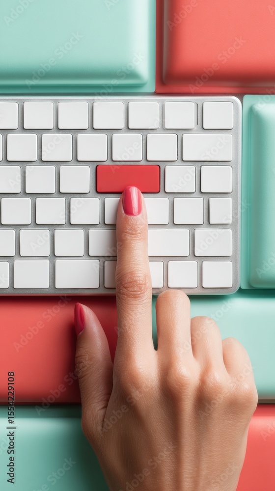 Fototapete Modern tech close-up of finger pressing red key on white keyboard with pastel blocks, symbolizing fast response and digital efficiency in business workflow