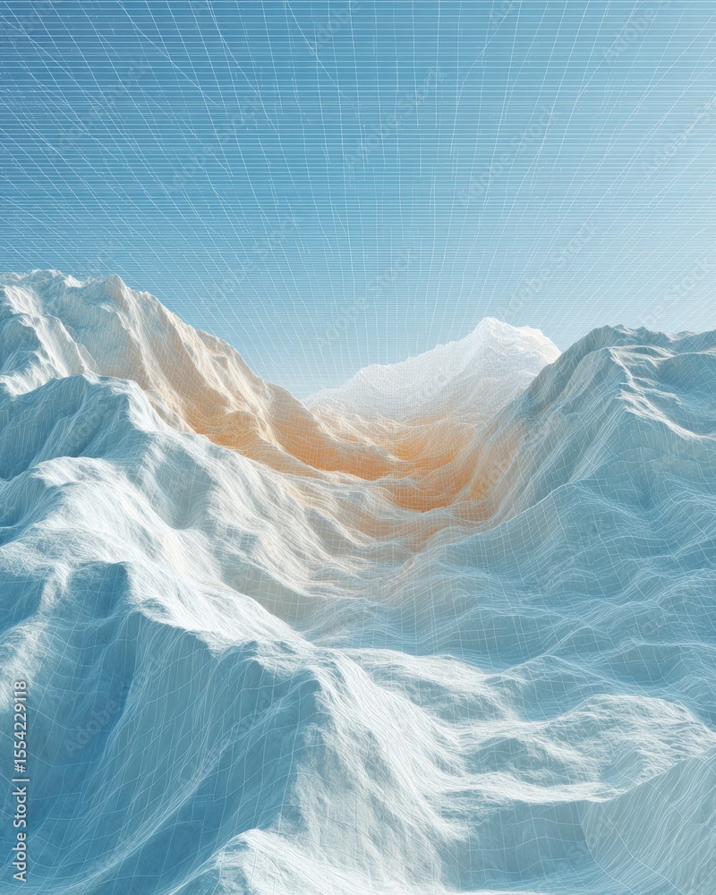 Poster Wireframe Terrain Mapping with Digital Radar Grid Overlay for Advanced Data Visualization and Network Infrastructure Promotion in Tech and Digital Innovation