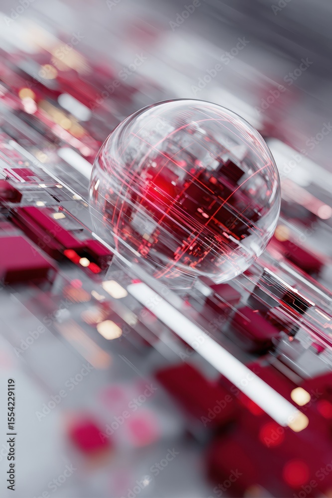 Leinwandbilder Transparent Quantum Sensor Sphere with Dynamic Red Data Streams and Computational Flows for AI-Driven Fintech Security and Fraud Detection Innovation