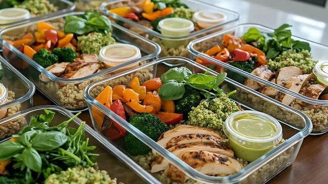 Colorful and healthy meal preps in glass containers daytime kitchen setting great for meal prepping visuals