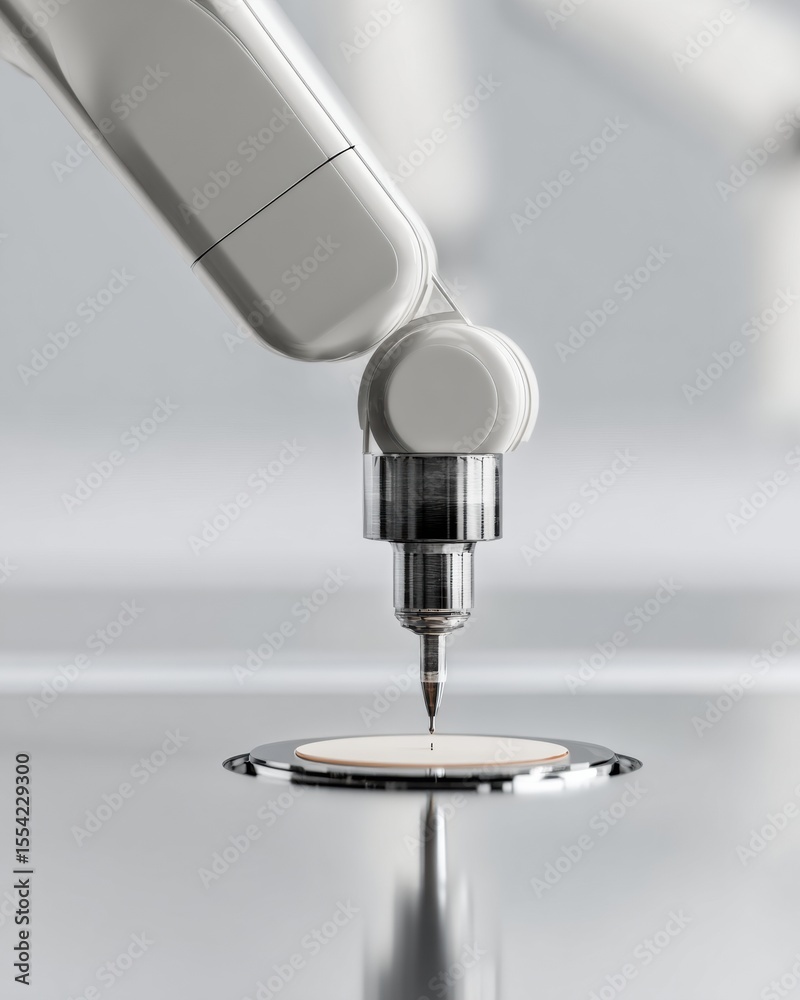 Poster Robotic Arm with Precision Nozzle Operating Above Silicon Wafer on Microchip Assembly Line for AI-Driven Semiconductor Manufacturing
