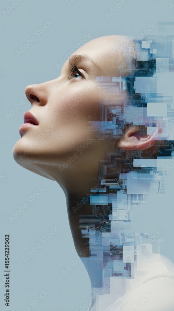 Aufkleber Futuristic Abstract Portrait Merging Human Face with Digital Microcircuits Symbolizing AI Integration and Quantum Computing Innovation in Tech Design
