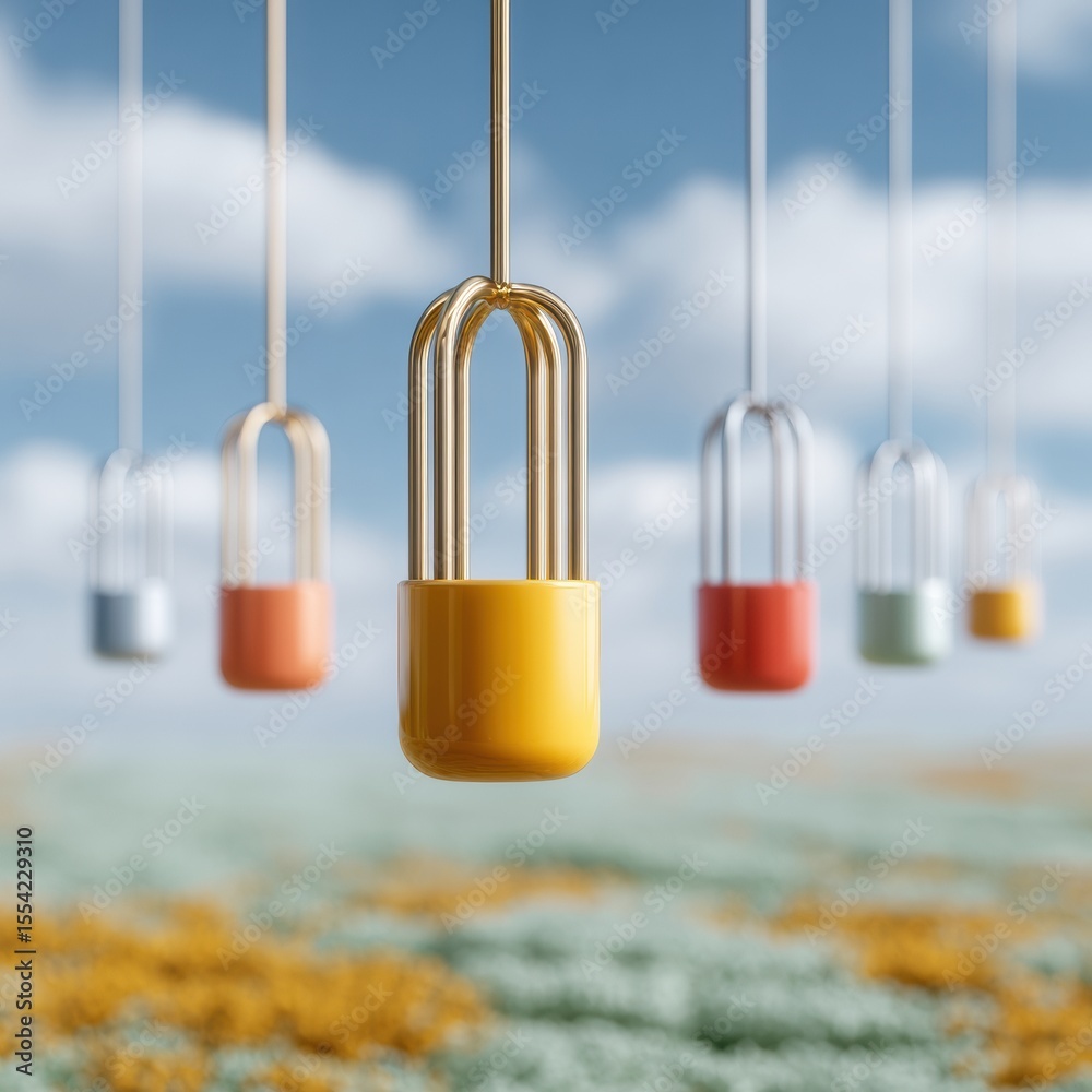 Poster minimalist hanging colorful locks in soft focus with natural background modern design concept for se