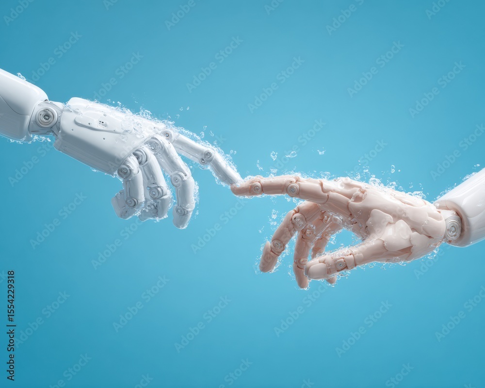 Poster Futuristic Robotic and Human Hands Touching with Digital Quantum Connections Symbolizing AI Collaboration and Advanced Technology Integration