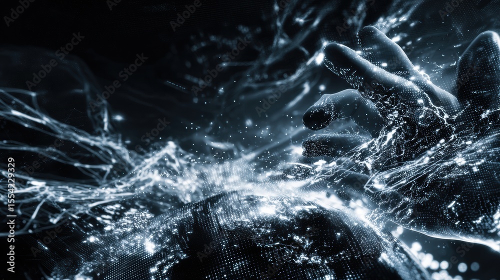 Leinwandbilder Quantum Analytics Hand Mapping Illuminated Network Pathways on Digital Display for Global Data Flow and Real-Time Tech Innovation