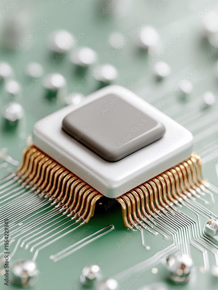 Poster Close-up of Quantum AI Chip with Visible Transistors and Circuit Lines on Motherboard Symbolizing Advanced Computational Innovation in Electronics Industry