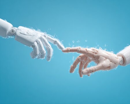 Futuristic Robotic and Human Hands Touching with Digital Quantum Connections Symbolizing AI Collaboration and Advanced Technology Integration