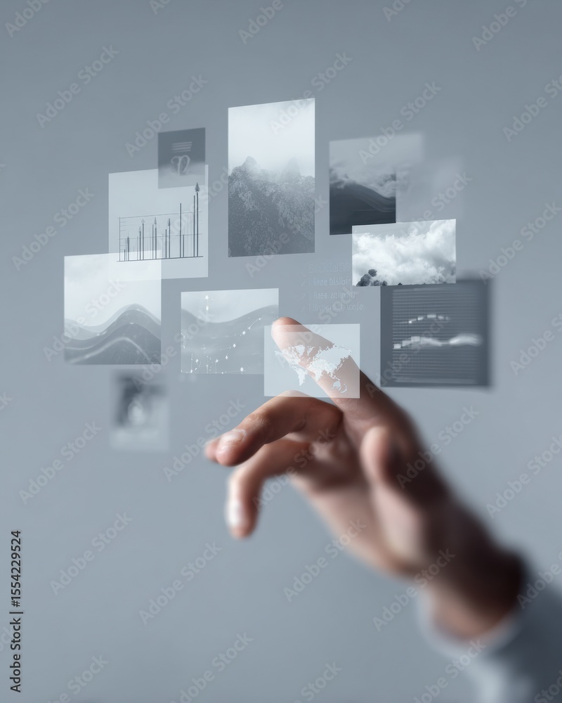 Poster Futuristic Business Productivity Dashboard with Hand Interaction Showing Digital Charts and Process Diagrams for Operational Excellence and Growth