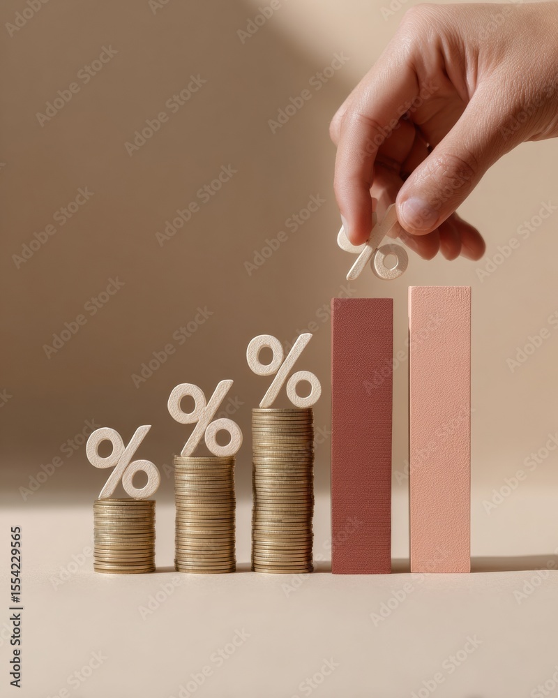 Poster minimalist financial growth concept with hand placing percentage symbol on coin stacks and graph bar