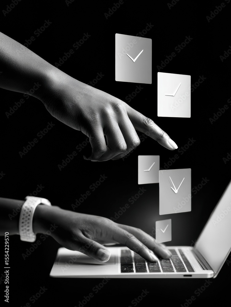 Leinwandbilder Minimalist Black and White Digital Task Management Interface with Floating Checklists and Clocks for Efficient Productivity and Project Scheduling