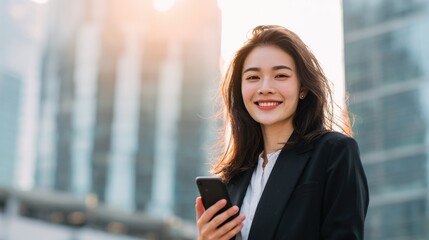 Young businesswoman smiling and holding a smartphone outdoors