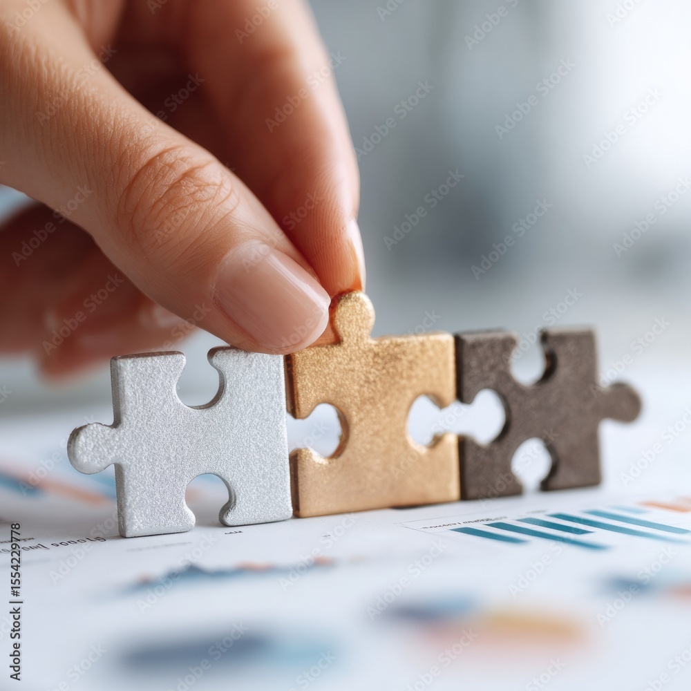 Poster modern portfolio diversification puzzle pieces hand arranging assets with financial charts backgroun