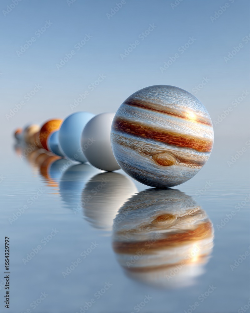 Poster Planet Alignment in Solar System with Reflections on Water Surface Representing Teamwork, Coordination, Collective Focus, and Business Unity Concept