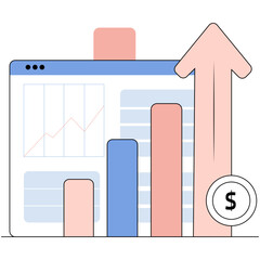 Flat Vector Infographic Illustration Showing Stock Market Growth With Upward Arrow, Bar Chart and Dollar Coin Icons in a Using Clean Shapes and Soft Gradient Highlights