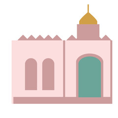  A minimalist design of a mosque with a pink structure and geometric details, symbolizing traditional Islamic architecture and cultural heritage.