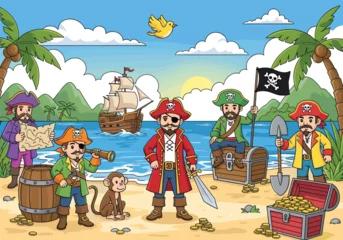 Cartoon pirates treasure hunt, beach adventure illustration, ship in ocean background, gold coins chest, playful kids character, vector design scene