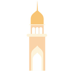 A minimalist design of an Islamic mosque tower with yellow and orange tones, representing traditional Islamic architecture and spiritual significance.