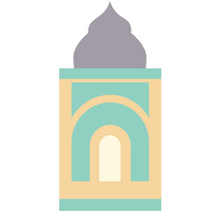  A stylized depiction of an Islamic mosque arch with soft blue and yellow tones, featuring traditional Islamic architecture and geometric patterns.