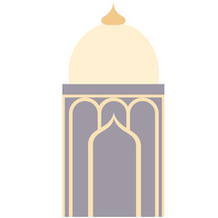 2D illustration of mosque dome tower in soft purple and white tones, ideal for Islamic architecture, Ramadan, and spiritual visuals.