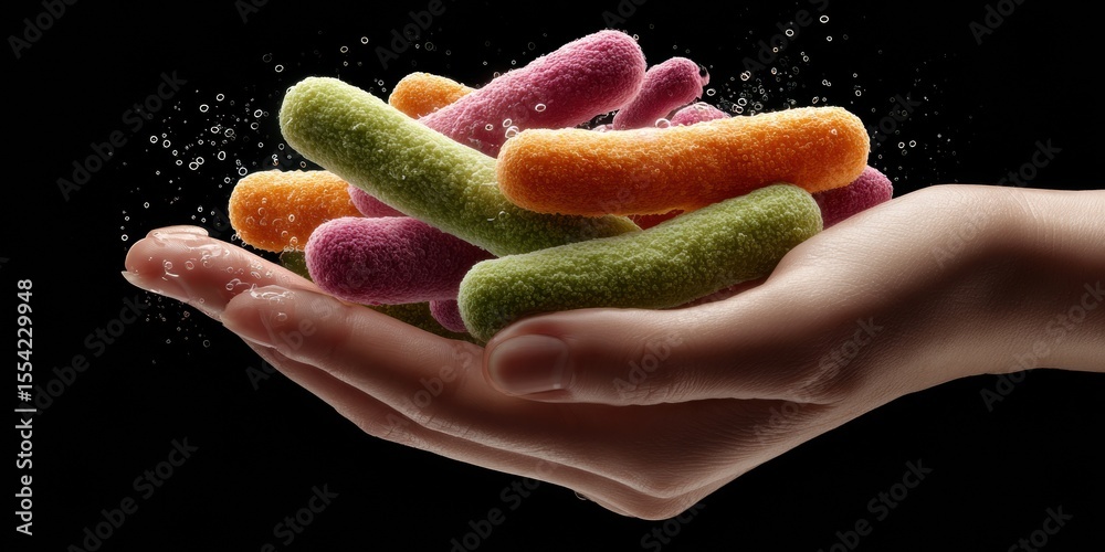 Poster futuristic personalized nutrition concept with digital microbiome and floating colorful bacteria in 