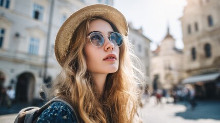 Young woman wearing a straw hat and sunglasses in a European city