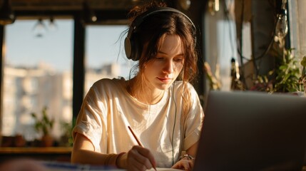 Young woman wearing headphones and writing at a laptop