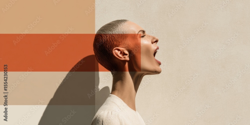 Poster modern tech profile of young woman with open mouth and digital soundwave graphic, ai voice recogniti