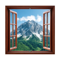 Scenic Mountain View Through Wooden Window Framed by Lush Green Forest and Clear Blue Sky with White Clouds