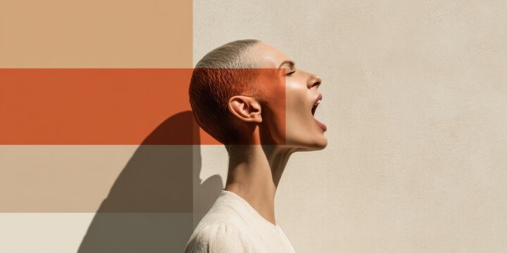 Modern tech profile of young woman with open mouth and digital soundwave graphic, AI voice recognition interface for smart assistant and seamless language interaction