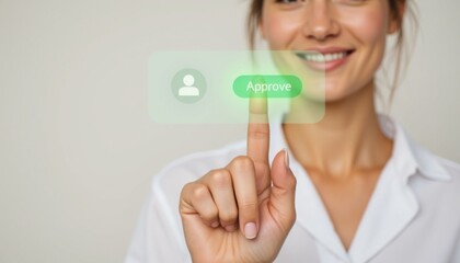 Woman using a digital interface to approve a request, showcasing innovation and modern communication in a professional setting